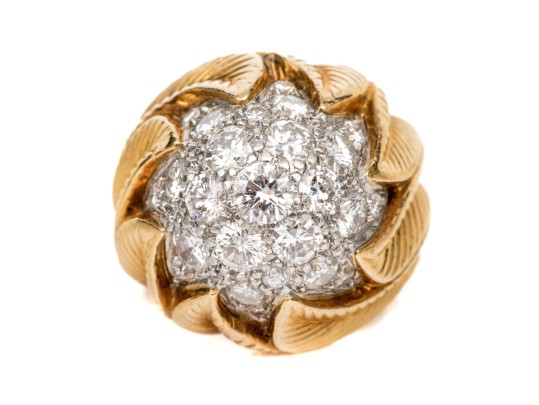 Van Cleef & Arpels 18k Yellow Gold Stunning Vintage Pave Diamond Foliate Ring, Size 3.75
