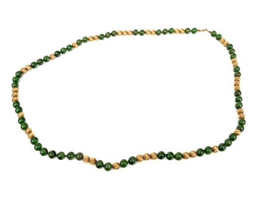 Fabulous Retro Opera Length Nephrite Jade And Corrugated 14k Gold Bead Necklace
