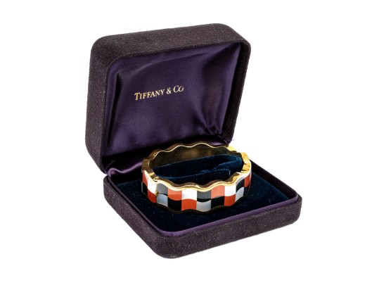 Tiffany & Co. 18k Yellow Gold Angela Cummings Wonderful Inlaid Wave Bangle, With Box