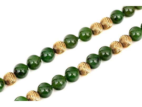 Fabulous Retro Opera Length Nephrite Jade And Corrugated 14k Gold Bead Necklace