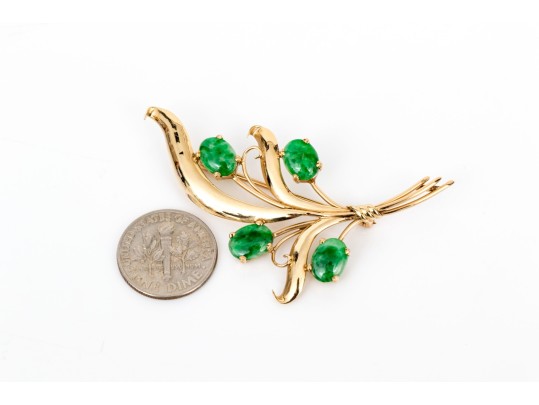 14k Yellow Gold Striking Vintage Nephrite Jade Spray Foliate Brooch