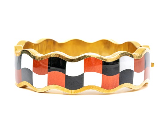 Tiffany & Co. 18k Yellow Gold Angela Cummings Wonderful Inlaid Wave Bangle, With Box