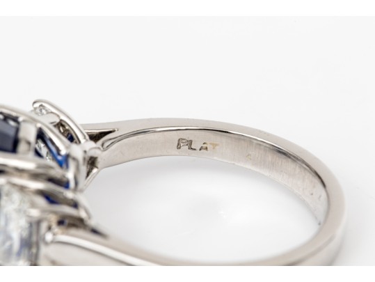Platinum Beautiful Sapphire And Diamond Three Stone Ring, Size 5.75