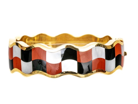 Tiffany & Co. 18k Yellow Gold Angela Cummings Wonderful Inlaid Wave Bangle, With Box