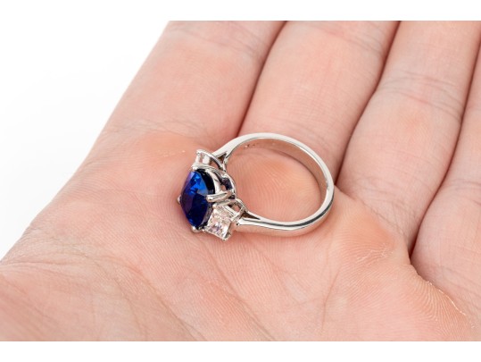 Platinum Beautiful Sapphire And Diamond Three Stone Ring, Size 5.75