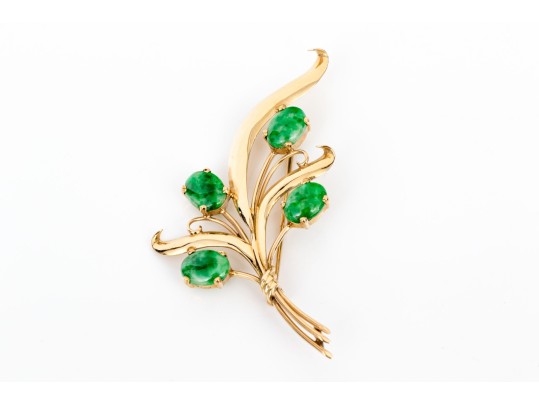 14k Yellow Gold Striking Vintage Nephrite Jade Spray Foliate Brooch