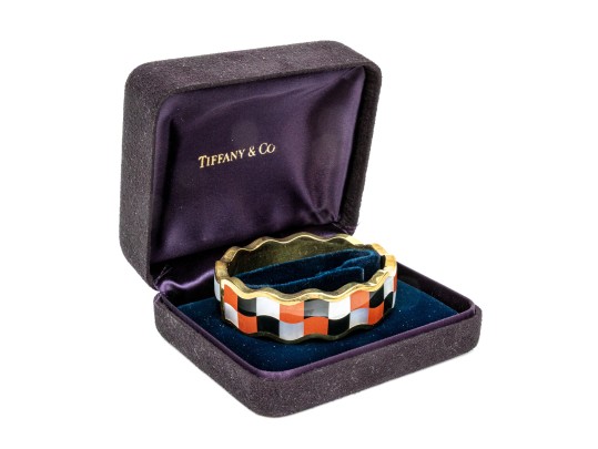 Tiffany & Co. 18k Yellow Gold Angela Cummings Wonderful Inlaid Wave Bangle, With Box