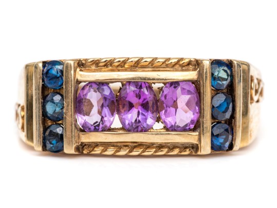 10k Yellow Gold Unique Amethyst And Sapphire Set Retro Style Ring, Size 5.75