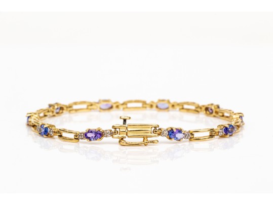 14k Yellow Gold Pretty Tanzanite And Diamond Set Link Line Bracelet, App. 0.10 TCW