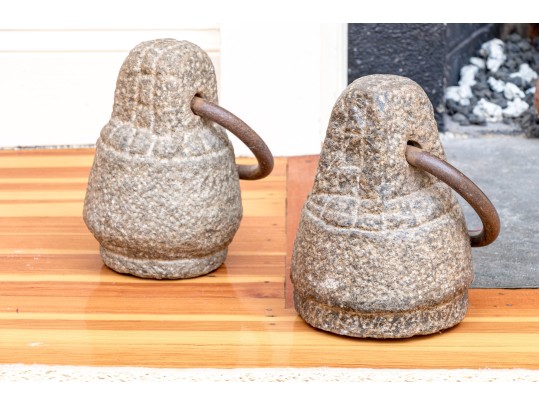 Pair Of Carved Stone And Iron Ring Door Stops
