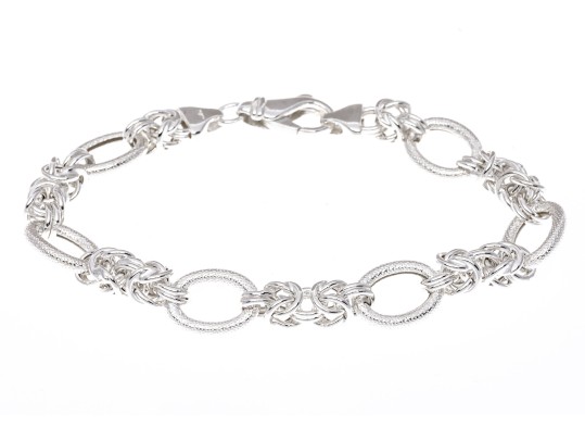 Sterling Silver Elegant Matte Finish Oval Link And Alternating Byzantine Link Bracelet