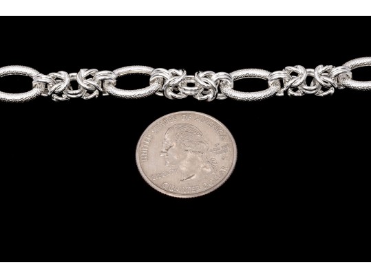 Sterling Silver Elegant Matte Finish Oval Link And Alternating Byzantine Link Bracelet
