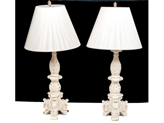 Pair Of Tall White Painted Iron Column Form Table Lamps