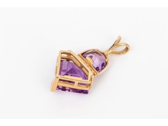 14k Yellow Gold Striking Fantasy Cut Purple Amethyst And Diamond Accented Pendant, App. 0.03 TCW