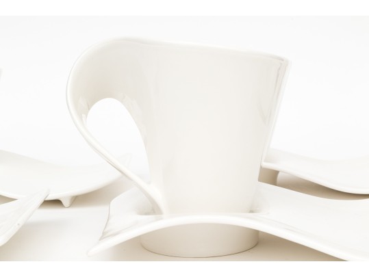 Set Of Villeroy & Boch Luxembourg White Porcelain Mugs And Saucer Plates- Wave Pattern