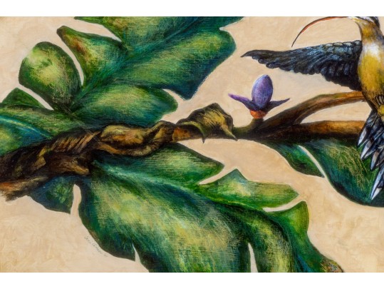 Signed Painting On Paper, Hummingbird On Flowering Branch, 2001