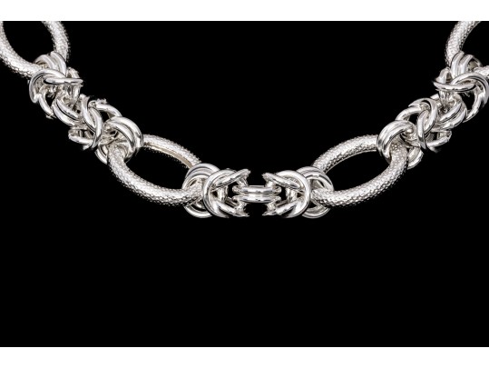 Sterling Silver Elegant Matte Finish Oval Link And Alternating Byzantine Link Bracelet