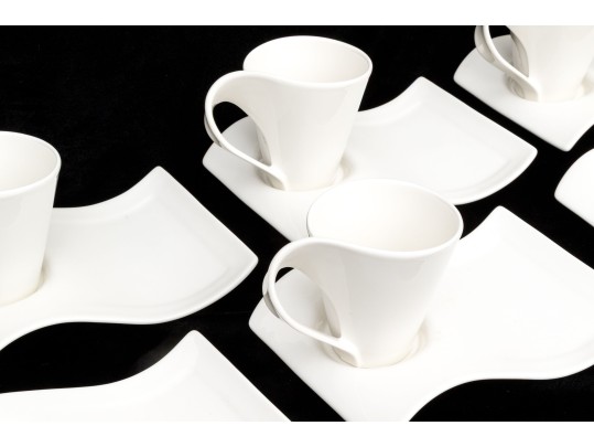 Set Of Villeroy & Boch Luxembourg White Porcelain Mugs And Saucer Plates- Wave Pattern