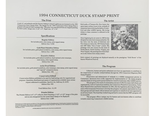 Rob Leslie Signed & Numbered 1993 1994 Connecticut Duck Stamp Framed Prints