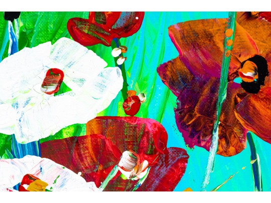 Dnie (Chinese/Am., 21st C.) Set Of Two Diminutive Acrylic On Canvas, Water Lillies