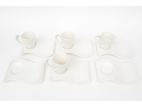 Set Of Villeroy & Boch Luxembourg White Porcelain Mugs And Saucer Plates- Wave Pattern