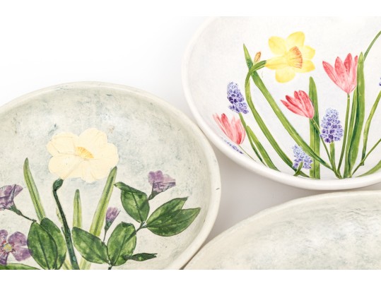Group Of 8 Color Floral Glazed Pottery Bowls By Salt Marsh Pottery Dartmouth Mass. 