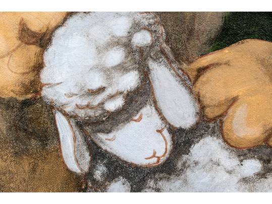 Framed Oil On Board, Lion With Sheep 
