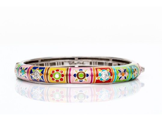 Sterling Silver Fun Colorful Enamel Floral Hinged Bangle Bracelet, Please See Note