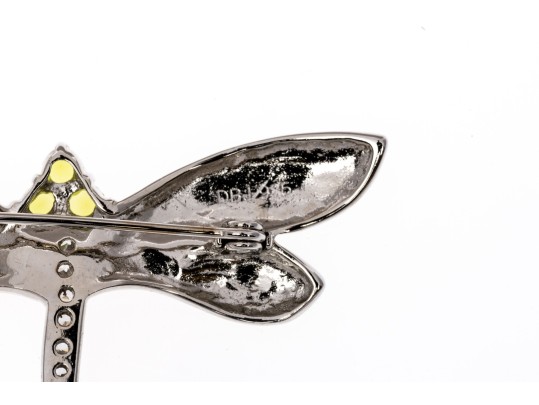 Sterling Silver Whimsical Dragonfly Pin Set With Round Brilliant CZ Stones And Enamel Wings