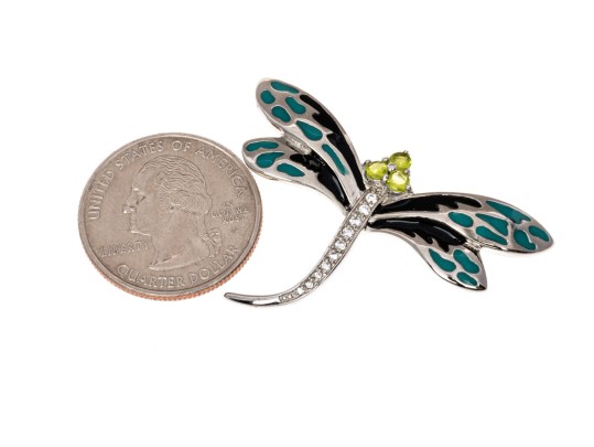 Sterling Silver Whimsical Dragonfly Pin Set With Round Brilliant CZ Stones And Enamel Wings