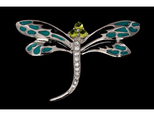 Sterling Silver Whimsical Dragonfly Pin Set With Round Brilliant CZ Stones And Enamel Wings