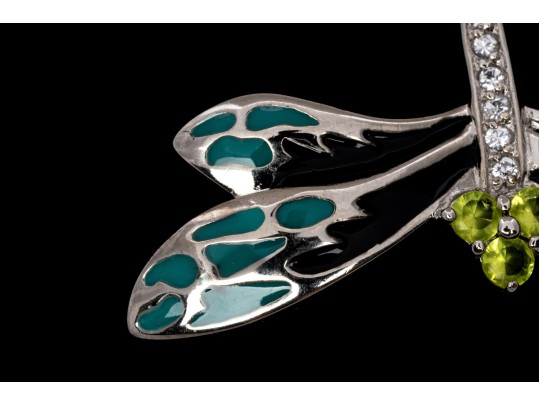 Sterling Silver Whimsical Dragonfly Pin Set With Round Brilliant CZ Stones And Enamel Wings