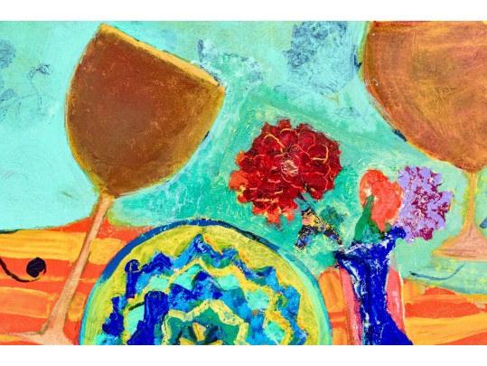 Signed Oil On Board, Modernist Still Life With Wine Glasses