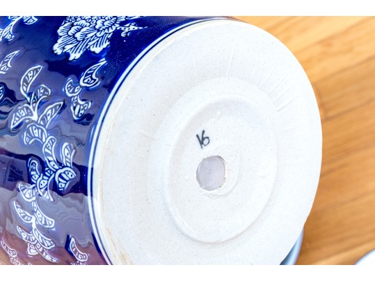 Group Of Four Blue And White Ceramic Jardinieres With Undertrays