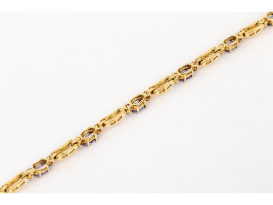 14k Yellow Gold Pretty Tanzanite And Diamond Set Link Line Bracelet, App. 0.10 TCW