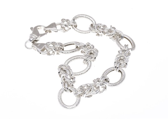 Sterling Silver Elegant Matte Finish Oval Link And Alternating Byzantine Link Bracelet