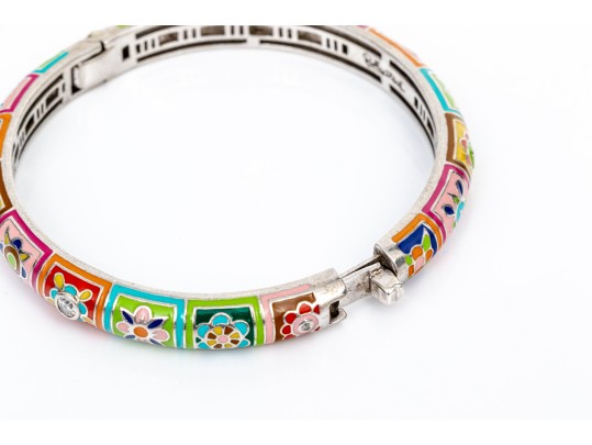 Sterling Silver Fun Colorful Enamel Floral Hinged Bangle Bracelet, Please See Note