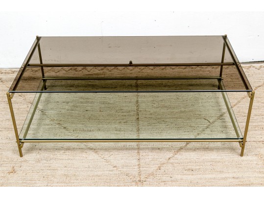 Chic Gilt Metal And Smoky Glass Top Cocktail Table