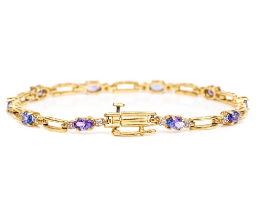 14k Yellow Gold Pretty Tanzanite And Diamond Set Link Line Bracelet, App. 0.10 TCW