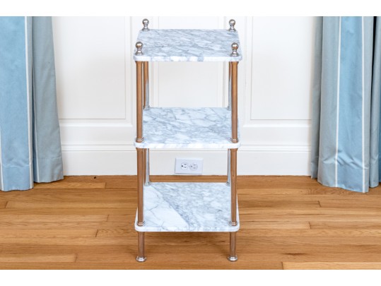 Stylish Chrome And Marble Three Tiered End Table / Etagere