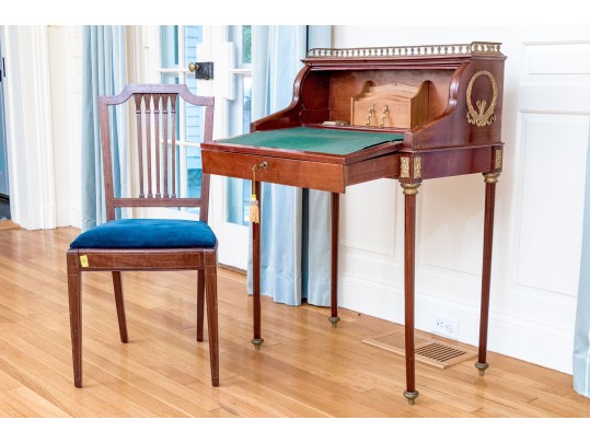 Antique Louis XVI Style Tambour Secretary Desk With Chair