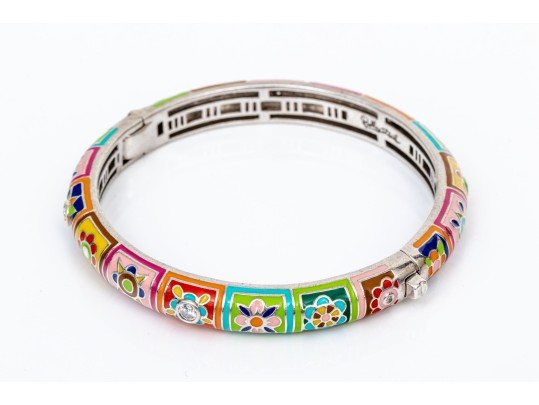 Sterling Silver Fun Colorful Enamel Floral Hinged Bangle Bracelet, Please See Note