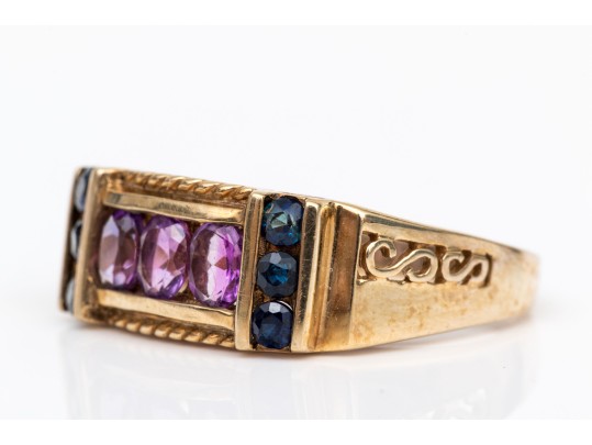 10k Yellow Gold Unique Amethyst And Sapphire Set Retro Style Ring, Size 5.75