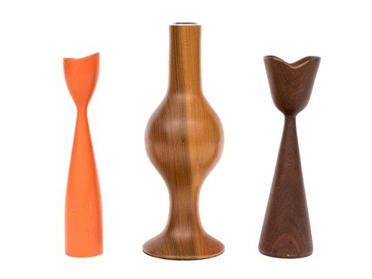 Three Mid Century Wooden Candlesticks