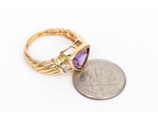 14k Yellow Gold Lovely Contemporary Trillian Amethyst And Diamond Ring, App. 0.06 TCW, Size 7+