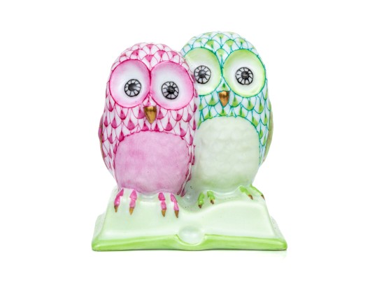 Herend Hand Painted Fishnet Pattern Baby Owl Group