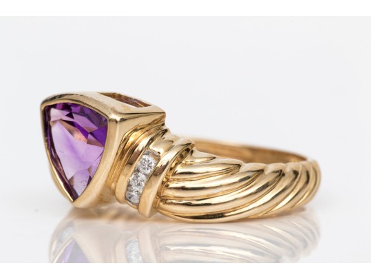 14k Yellow Gold Lovely Contemporary Trillian Amethyst And Diamond Ring, App. 0.06 TCW, Size 7+
