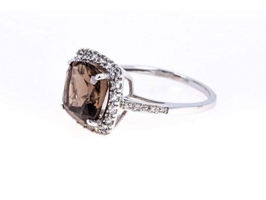 Contemporary 10K White Gold And Smoky Quartz Ring, Size 7.25