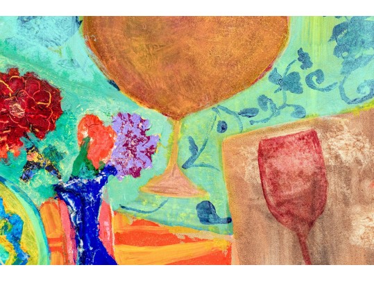 Signed Oil On Board, Modernist Still Life With Wine Glasses