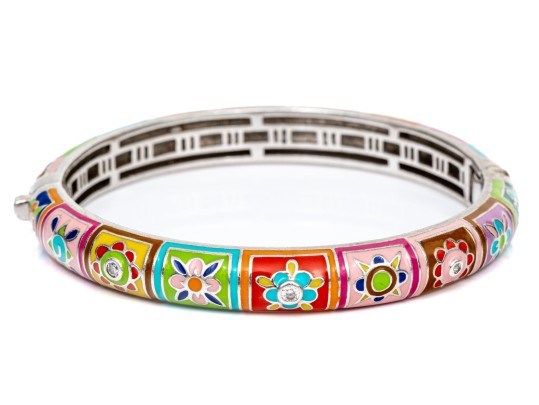 Sterling Silver Fun Colorful Enamel Floral Hinged Bangle Bracelet, Please See Note